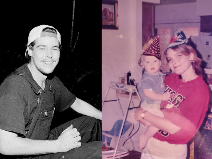A black and white image of a man in overalls and a backwards hat next to a colored photograph featuring a woman holding a baby.