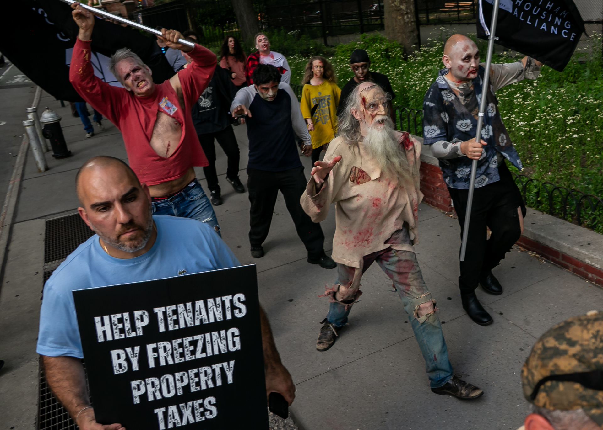Landlords and zombie actors outside the Rent Guidelines Board public hearing