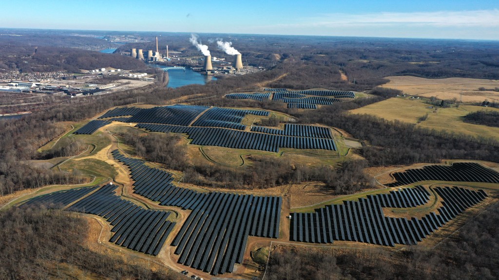 This is the Four Twelve Renewables utility-scale solar energy facility in Green Township, Beaver County, Pennsylvania on Dec. 8, 2023. Four Twelve is partnering with the Dollar Energy Fund to utilize the proceeds generated from the project, along with matching funds from the Dollar Energy Fund's utility partners, to provide utility assistance grants to low and limited-income Pennsylvania residents. (AP Photo/Gene J. Puskar)