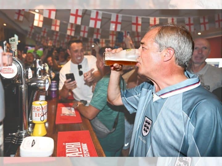 Nigel Farage drinking a pint in 2024