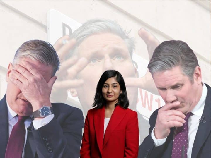 Zarah Sultana in front of images of Keir Starmer looking dejected