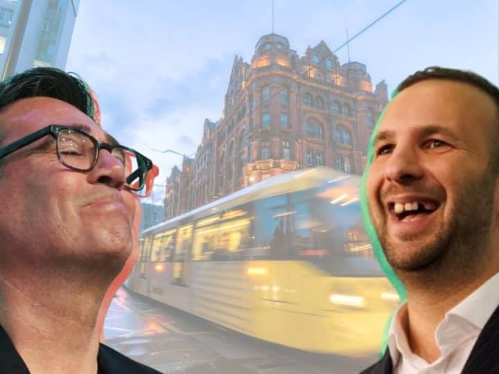 Andy Burnham and Zack Polanski in front of an image of Manchester
