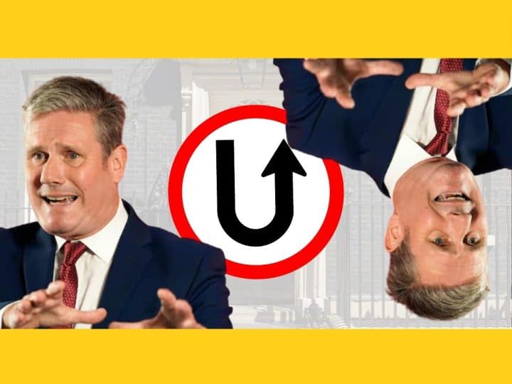 Keir Starmer in front of a U-turn sign