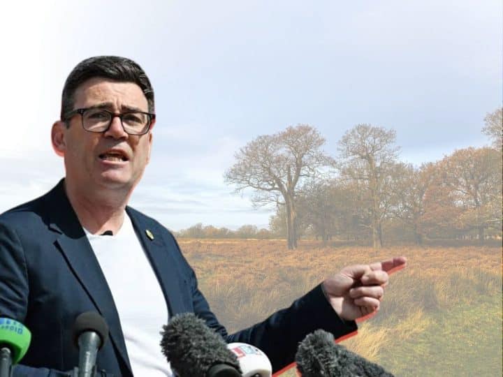 Andy Burnham in front of an image of a field