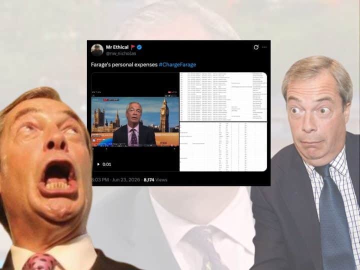 Images of Nigel Farage looking at a tweet