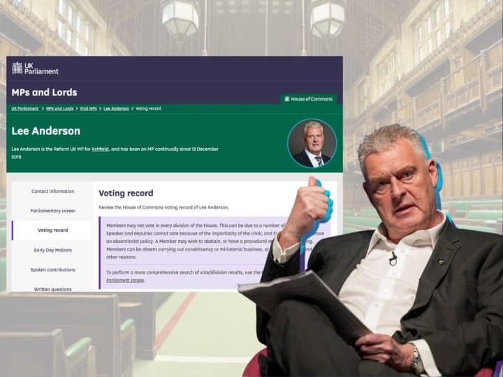 Lee Anderson, the Reform MP for Ashfield in Nottinghamshire, England, with an image of his voting record to the left