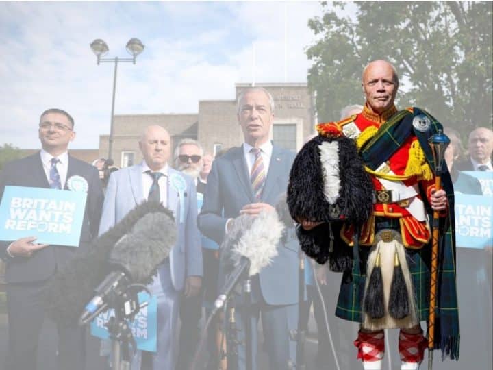Reform UK candidate Andy Curwen, dressed in his regalier, and in the background, another image of Nigel Farage and other Reform members