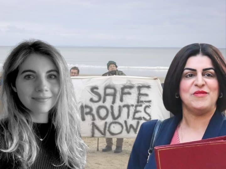 Shabana Mahmood, Zoe Gardner, and a protesters with a banner which reads 'safe routes now'