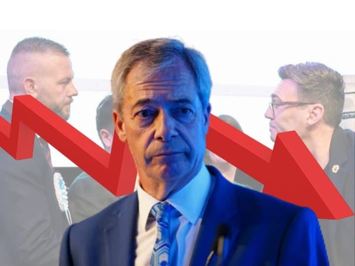 Nigel Farage, a downward facing arrow, Rob Kenyon of Reform UK, and Andy Burnham