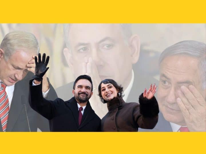 Zohran Mamdani waving to a crowd in front of a collage of images of Benjamin Netanyahu crying