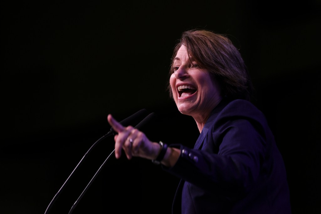 Gubernatorial candidate Sen. Amy Klobuchar, D-Minn., speaks during the DFL State Convention on Friday, May 29, 2026, in Rochester, Minn. Ellen Schmidt/MinnPost/CatchLight Local/Report for America