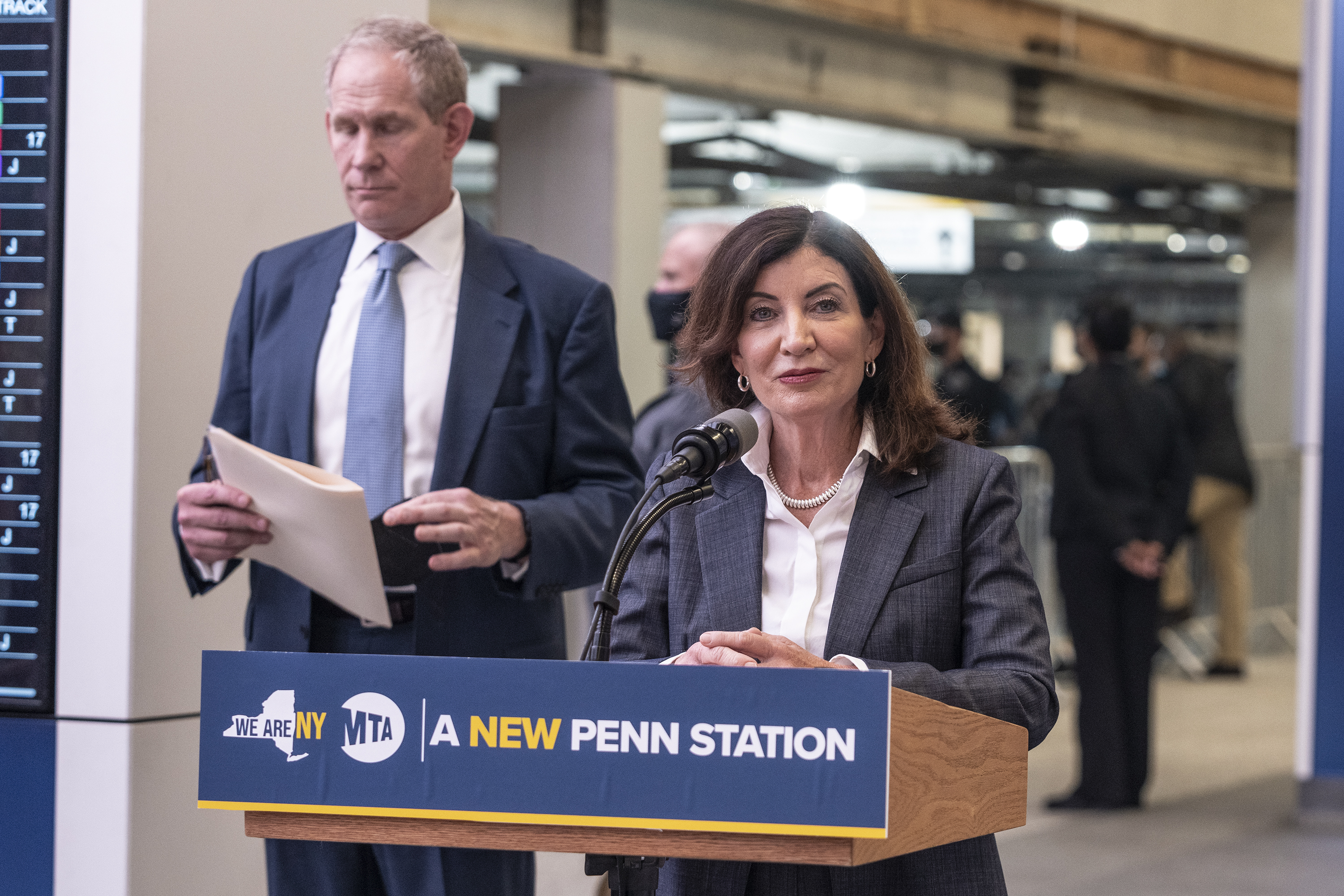 MTA Chair Janno Lieber (left) said there is no daylight between him and Gov. Kathy Hochul (right) in their handling of the Trump administration's push to rebuild Penn Station.