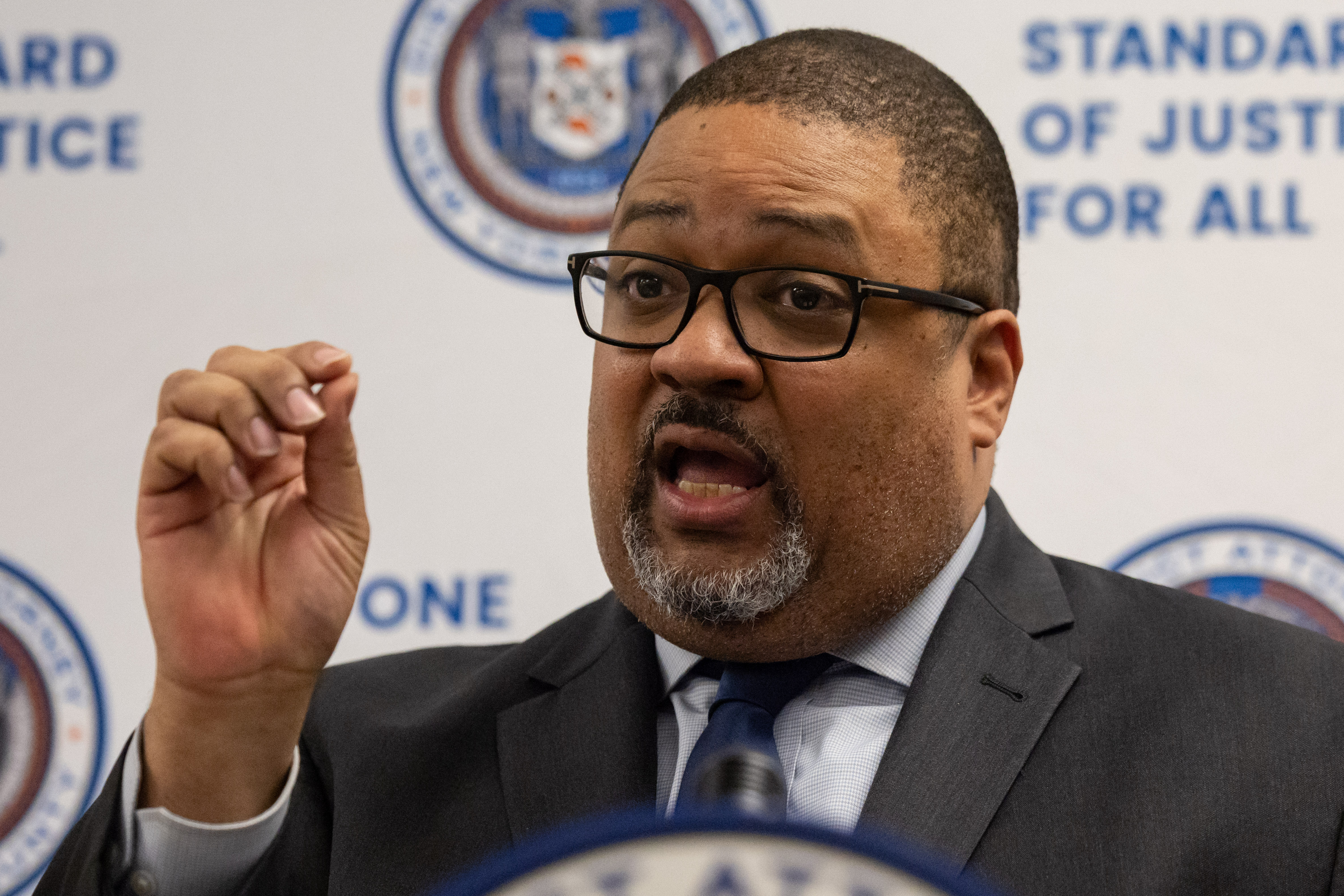 Manhattan District Attorney Alvin Bragg speaking in 2025.