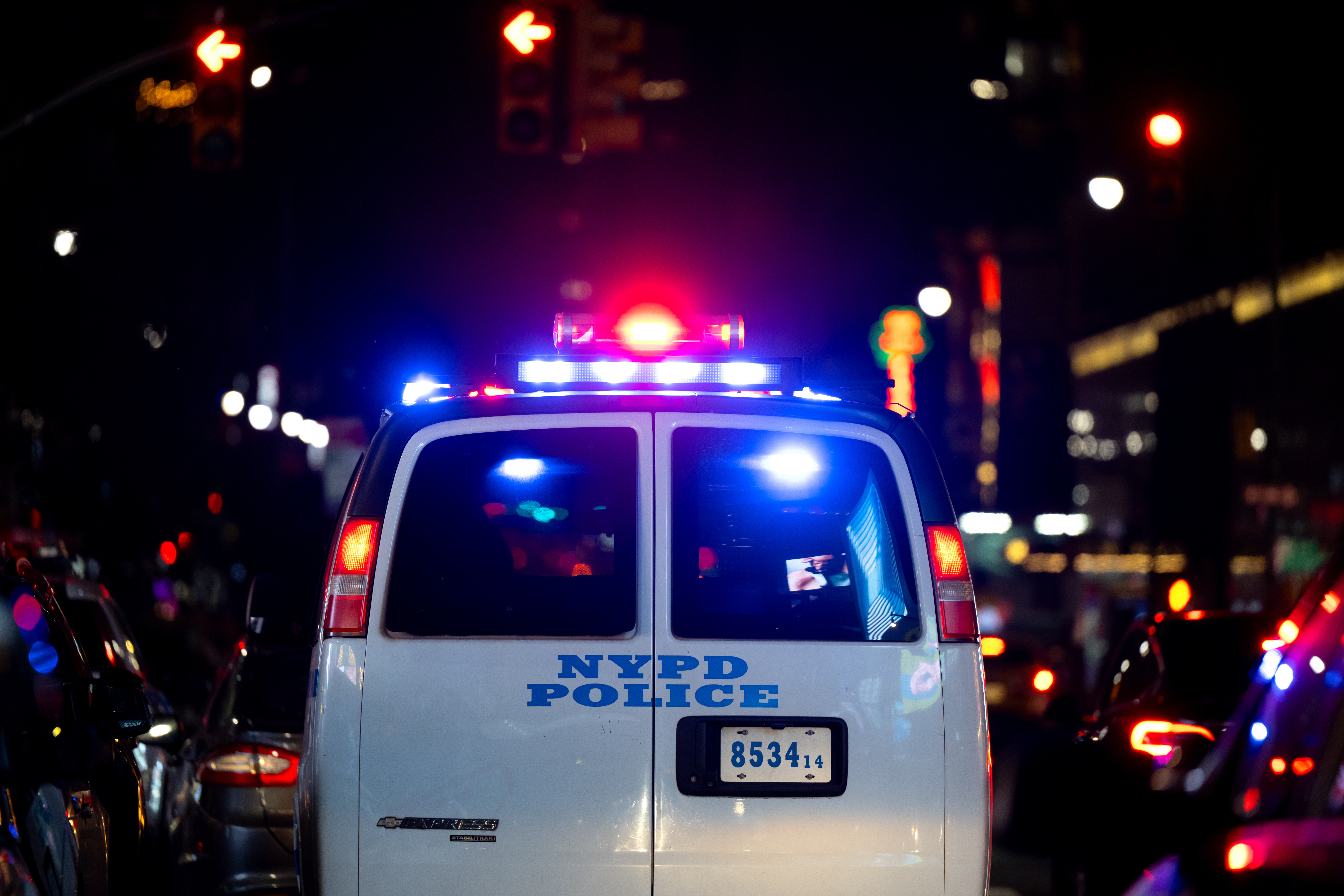 A police car of the New York Police Department (NYPD) is parked in Manhattan near Times Square.