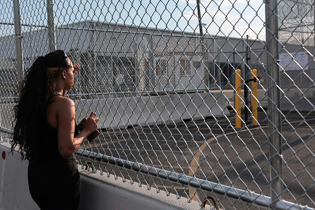 The view outside the Delaney Hall Immigration Detention Center on June 12, 2026, in Newark, New Jersey. Anti-ICE protesters have massed outside the facility, while detainees have complained of poor conditions inside.