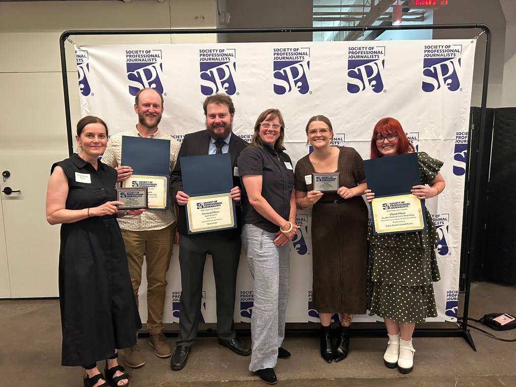 MinnPost employees celebrate their awards at the MNSPJ 2026 Page One Awards.