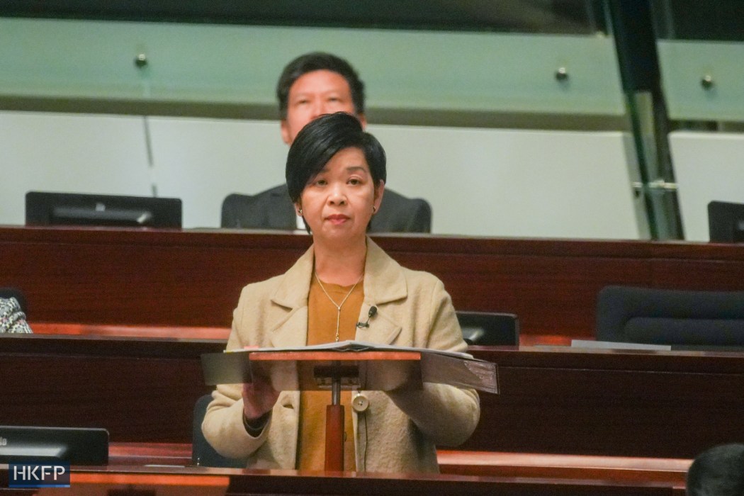 Hong Kong Secretary for Housing Winnie Ho addresses the Legislative Council on January 14, 2026. Photo: Kyle Lam/HKFP.