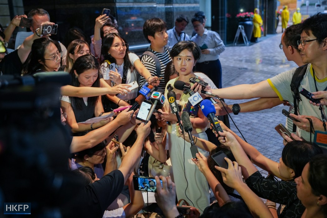 Selina Cheng, chair of the Hong Kong Journalists Association, speaks to reporters after being fired from The Wall Street Journal, allegedly over her role in the press union, on July 17, 2024.