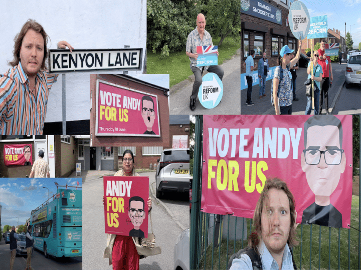 A collage of different images from Cameron's time in Makerfield from him infront of a 'Vote Andy for us' banner to residents in the street next to political adverts