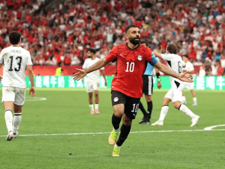 Egypt World Cup player Mohamed Salah celebrates scoring his team's second goal during the Group G match against New Zealand at BC Place, Vancouver, on 21 June 2026