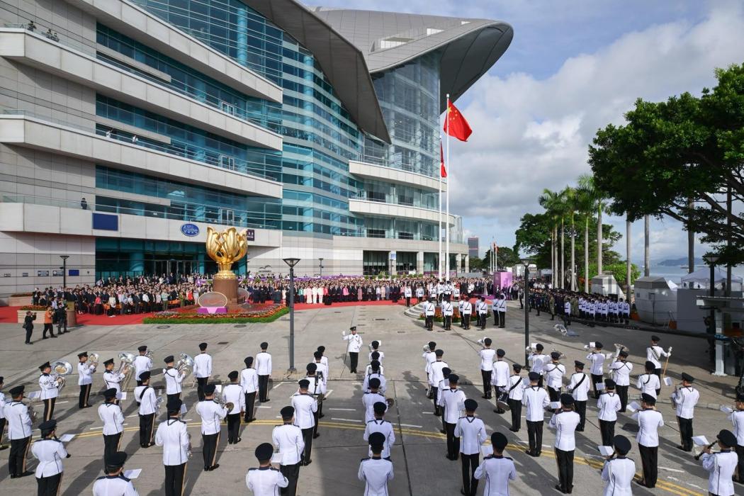 A flag-raising ceremony for the 29th anniversary of the establishment of the HKSAR in Wan Chai on July 1, 2026. Photo: GovHK.