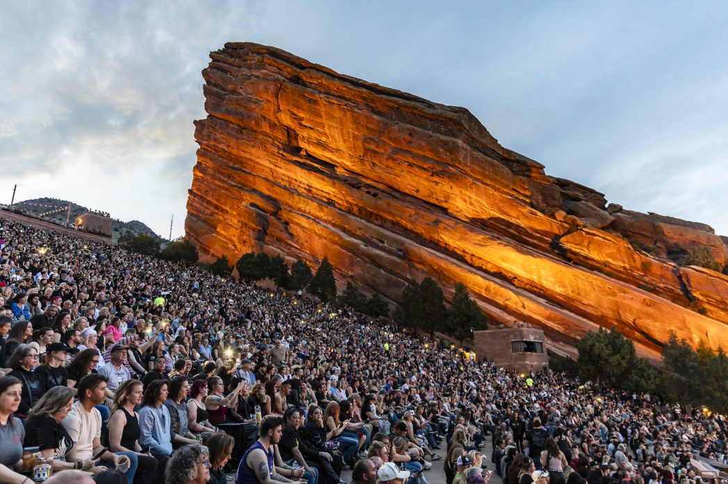 Crowds seated prior to an evening concert at Red Rocks