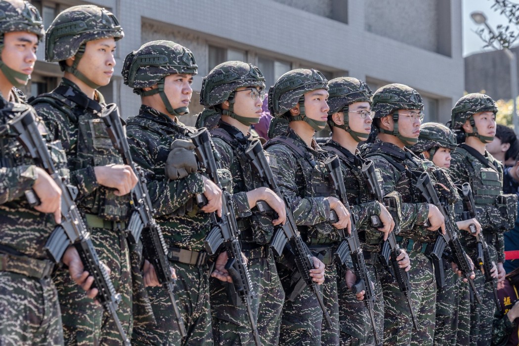 Taiwanese troops at Songshan Air Base in Taipei on the day of President Lai Ching-te's visit on March 21, 2025.