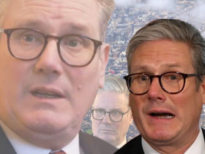Various head shots of Keir Starmer looking worried in the middle of speaking, with his mouth slightly open in each image
