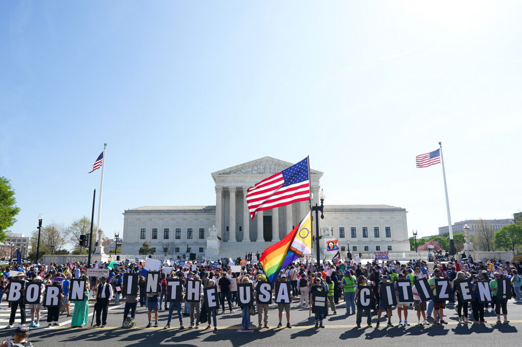 Protesters held a rally on protecting birthright citizenship outside the U.S. Supreme Court as President Donald Trump attended oral arguments on April 1, 2026 in Washington, D.C. (Photo by Al Drago/Getty Images)