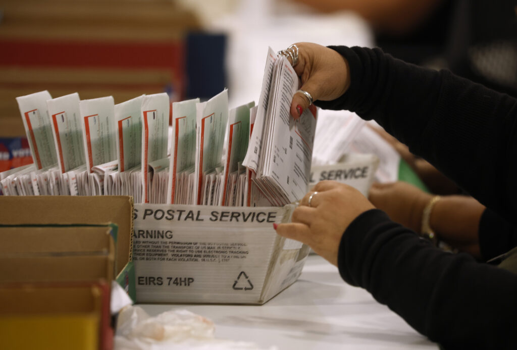 An election worker processes mail-in ballots for the California state primary election at the Los Angeles County Ballot Processing Center on June 05, 2026, in City of Industry, California. (Photo by Justin Sullivan/Getty Images)