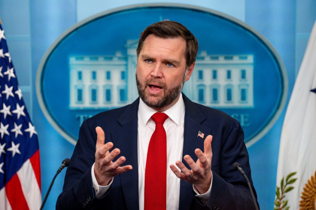 Vice President JD Vance speaks during a news conference at the White House on June 18, 2026. Vance is expected to travel to Lucerne, Switzerland, Friday for follow-up talks after President Donald Trump and Iranian President Masoud Pezeshkian signed an agreement to end the countries' war. (Photo by Andrew Harnik/Getty Images)