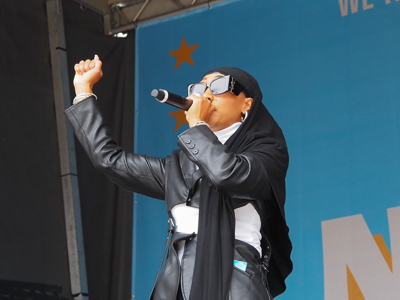 Hip-hop artist Alia Sharrief performed at the Next250 rally in Washington, D.C., on Saturday, June 27, 2026. (Photo by Ashley Murray/States Newsroom)