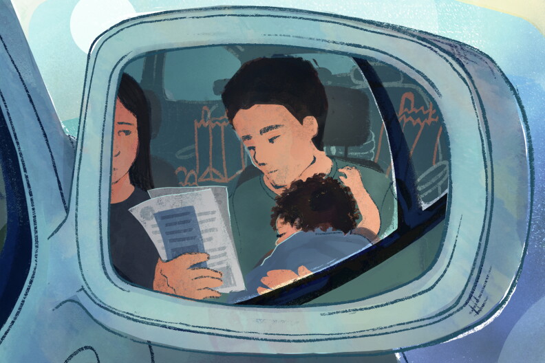 An illustration of a man with a medium skin tone and black hair holds through a car rear view mirror. The man sits in the front seat and holds up pieces of paper while holding a sleeping young boy. A woman with medium skin tone sits next to him. 