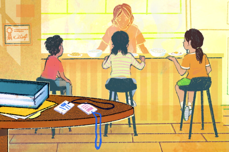 An illustration of a mother serving her three children food across a kitchen bar counter. The three children with dark hair sit on stools. Books and badges sit on a table in the foreground. 