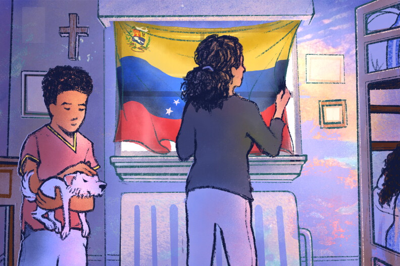 An illustration of a woman with medium-dark tone places a yellow, blue, and red Venezuelan flag over a window. A boy with medium-dark skin ones and black short hair holds a small white dog net to her. 