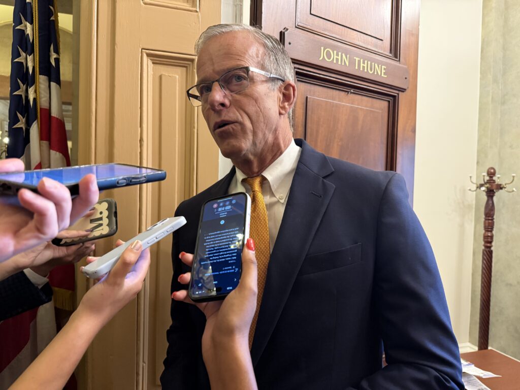 U.S. Senate Majority Leader John Thune, R-S.D., said on Tuesday, June 16, 2026, heβs heard the president's deal with Iran sets up a 60-day framework for negotiators to reach agreement on more specifics. In this photo, Thune speaks with reporters on Capitol Hill on Sept. 19, 2025. (Photo by Jennifer Shutt/States Newsroom)