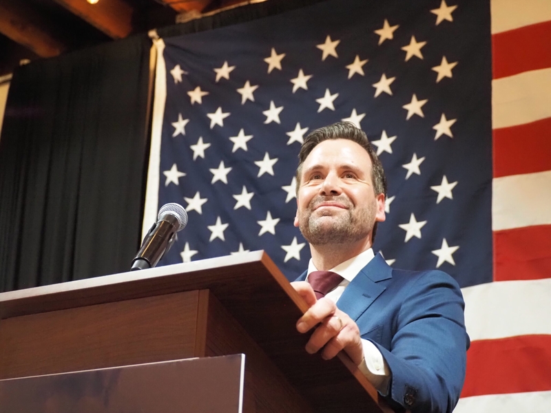 Iowa state Rep. Josh Turek celebrated his primary election victory to become the Democratic nominee for Iowa’s U.S. Senate seat at an Iowa Democratic Party election night party in Des Moines June 2, 2026. (Photo by Robin Opsahl/Iowa Capital Dispatch)