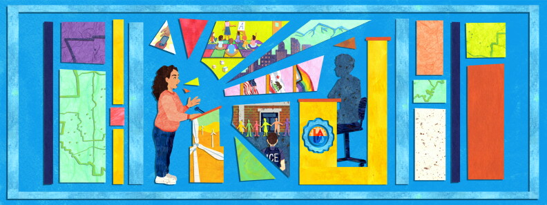 An illustration with a blue background a Latina woman standing at a podium speaking towards a figure sitting at a dais and around her within shapes are various vignettes of children in a classroom, ICE coming to a school, a skyline against mountains, windmills, and various flags.