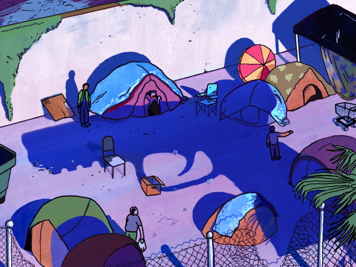 An illustration of tents in a dark alley under the shadow of a large gun.