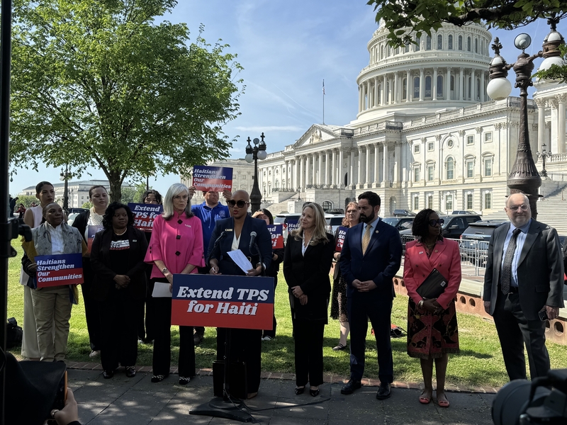 Massachusetts Democratic U.S. Rep. Ayanna Pressley speaks at a press conference April 15, 2026, outside the U.S. Capitol in Washington, D.C., advocating for the extension of Temporary Protected Status for Haiti. The lawmakers alongside her include, from left, House Minority Whip Katherine Clark of Massachusetts, as well as New York's Democratic Rep. Laura Gillen, GOP Rep. Mike Lawler and Congressional Black Caucus Chair Yvette Clarke. (Photo by Shauneen Miranda/States Newsroom)