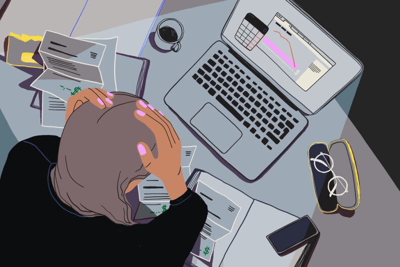 A top down illustration of a girl with hands on top of her head at a desk with lots of bills and looking at a laptop with a chart and a calculator.