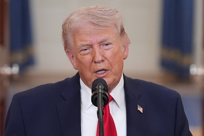 U.S. President Donald Trump spoke about the war in Iran from the Cross Hall of the White House on April 1, 2026 in Washington, D.C. (Photo by Alex Brandon-Pool/Getty Images)