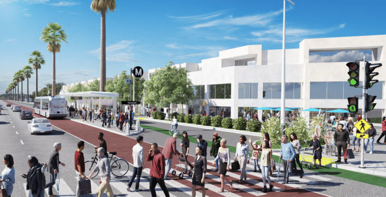 A computer rendering depicts pedestrians crossing a street with a marked bus lane and car traffic in the background along a street lined with palm treet.