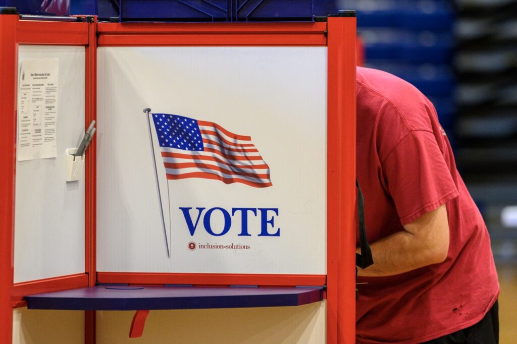 Voting at the Portland Expo in Maineβs June 9, 2026 primary election. (Photo by Jim Neuger/Maine Morning Star)