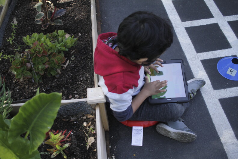 A young boy with a red, gray and white sweatshirt taps on an IPad.