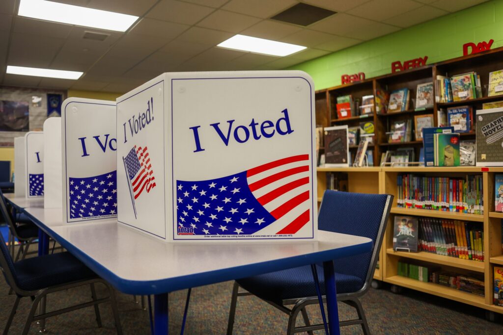 Booths await voters during the May 19, 2026, primary election at Temple View Elementary School in Idaho Falls, Idaho. (Photo by Pat Sutphin/Idaho Capital Sun)
