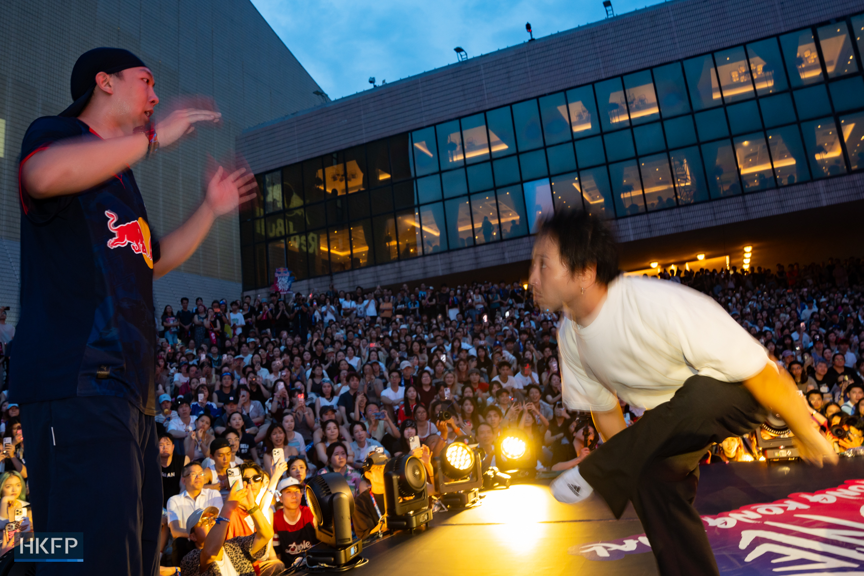 Luenmo (left) and Bobby performs on stage during Red Bull Dance Your Style competition in Tsim Sha Tsui, July 19th, 2026. Photo: Kyle Lam/HKFP.