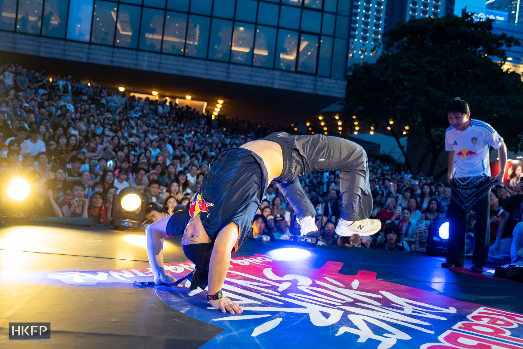 Luenmo (left) and Bobby performs on stage during Red Bull Dance Your Style competition in Tsim Sha Tsui, July 19th, 2026. Photo: Kyle Lam/HKFP.