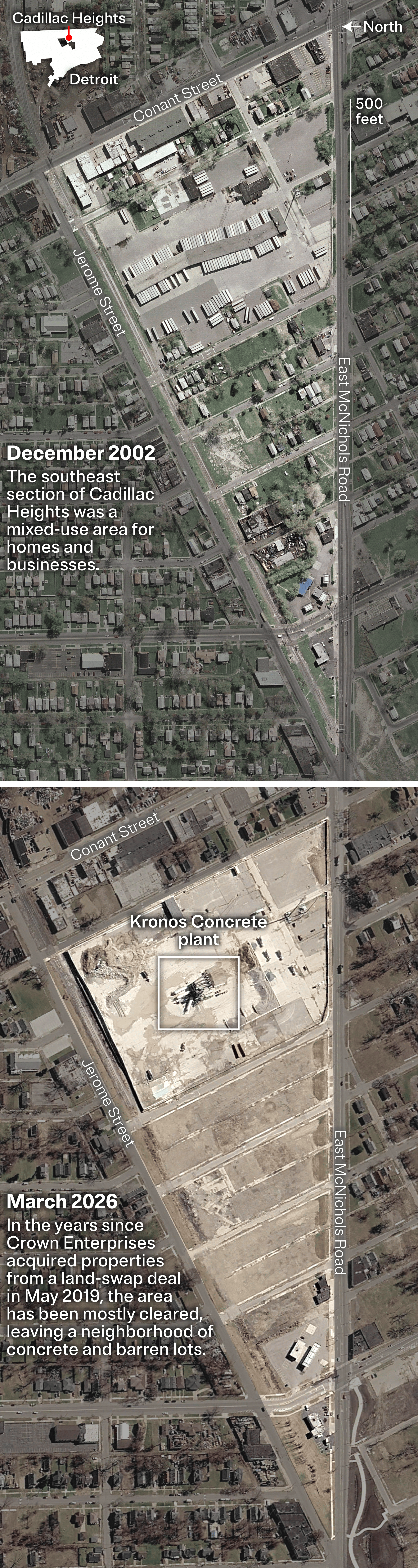 Two satellite images show the same birdβs-eye view of a section of Cadillac Heights, a neighborhood in northeast Detroit. The first image is labeled December 2002 and shows houses and businesses. The second image is labeled March 2026 and highlights the Kronos Concrete plant located in the center of one of many empty lots.