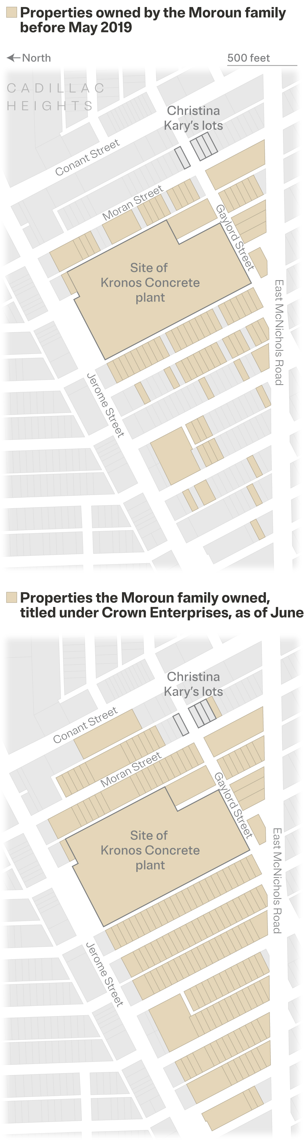 A map showing parcels owned by the Moroun family, through its Crown Enterprise subsidiary, in a section of the Cadillac Heights neighborhood in northeast Detroit. Parcels are colored based on the Moroun familyβs ownership of more than 80 by 2019, when the land-swap deal with the city occurred, and 167 parcels as of June.
